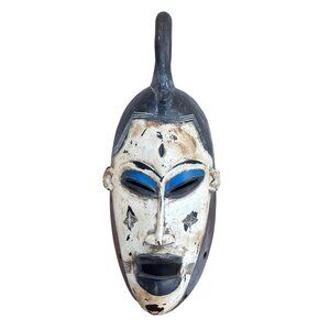African GURU Tribal Wooden Wall Mask Handcrafted Blue Black 21" Carved